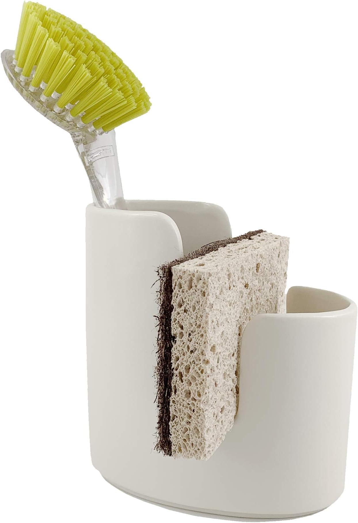 scarlettwares Kitchen Sink Caddy Dish Sponge Holder and Scrub Brush Dish Wand Holder Ceramic White Farmhouse Modern