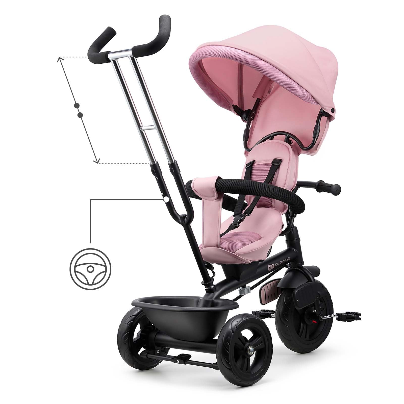 Kinderkraft FREEWAY 2, Triciclo Evolutivo per Bambini, Seduta Girevole a 360°, Pedali Liberi, Cintura a 3 Punti, Freno Centrale, 9 Mesi-5 Anni, Rosa