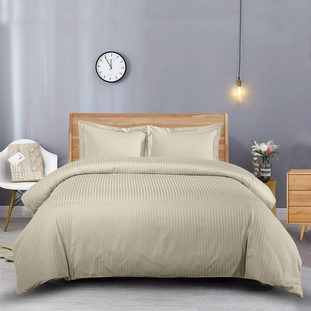 sheetsnthings Damask Striped 600-Thread-Count, 100-Percent Cotton 3PC Full-Queen Duvet Cover Set with Buttons Enclosure, Beige