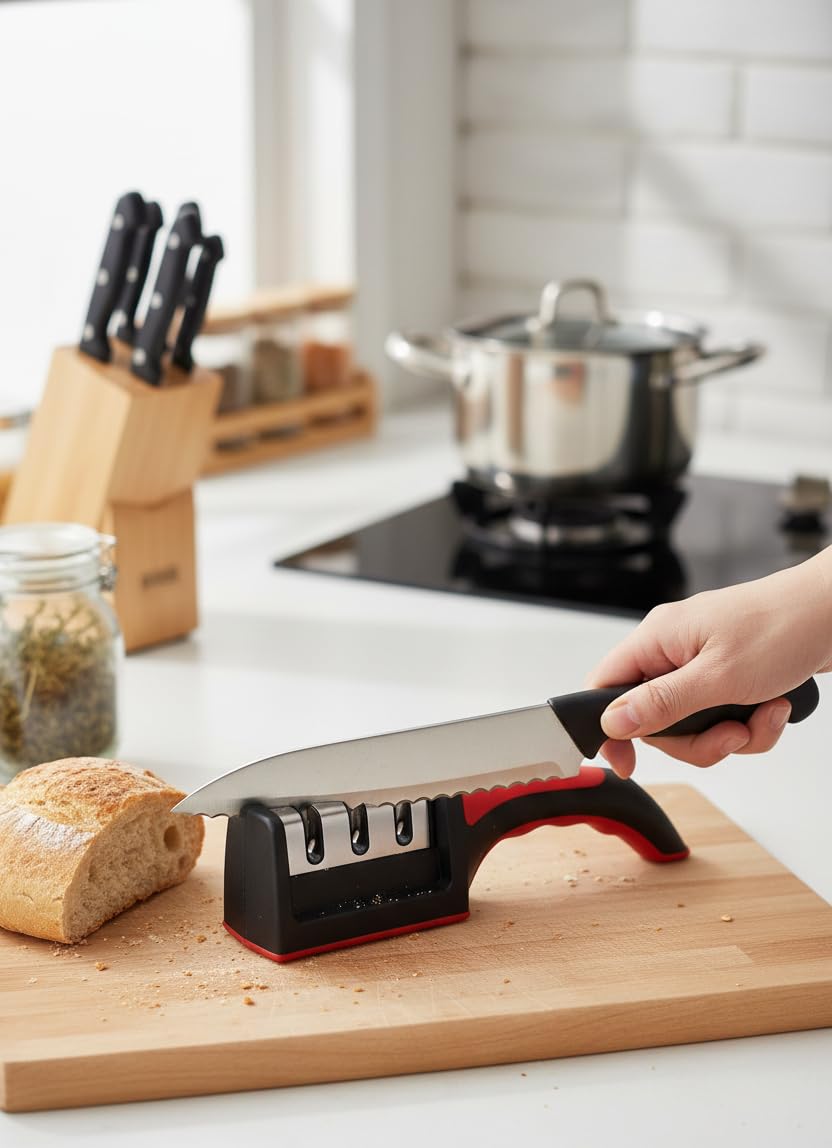 Mutfak Bıçakları için Bıçak Bileyiciler - Paslanmaz Çelik 4'ü 1 Arada Mutfak Bıçağı Bileyici - 4 Aşamalı Bileme Yuvalarına Sahip Ergonomik ve Kullanımı Kolay Bıçak Bileme Kiti