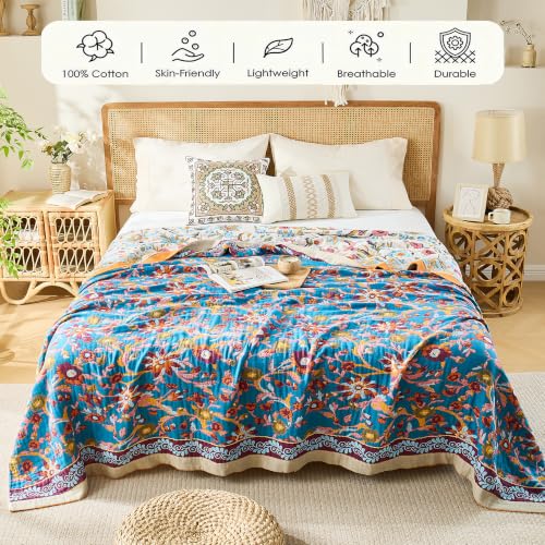Image of VANJOROY Boho Throw Blanket, 100% Organic Cotton Breathable Skin-Friendly Ultra Soft 50 inch x 60 inch Bed Quilt Throw - Floral Rustic Decor Luxury Reversible Blanket for Sofa Couch Chair and Gift,