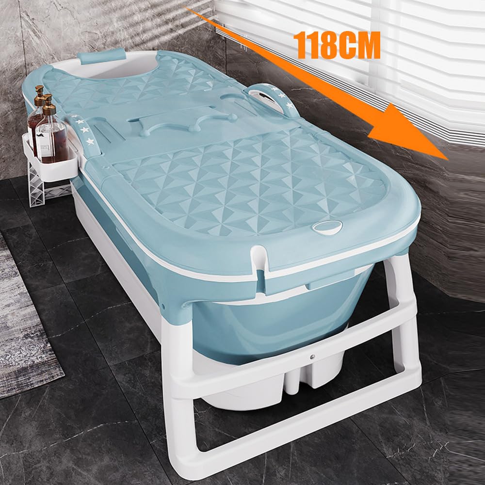 Składana wanna dla dorosłych XXL, 118 x 60 x 53 cm, mobilna wanna z poduszkami i rolkami do masażu, idealna mała łazienka, prysznic i balkon, kosz na mydło (niebieski)