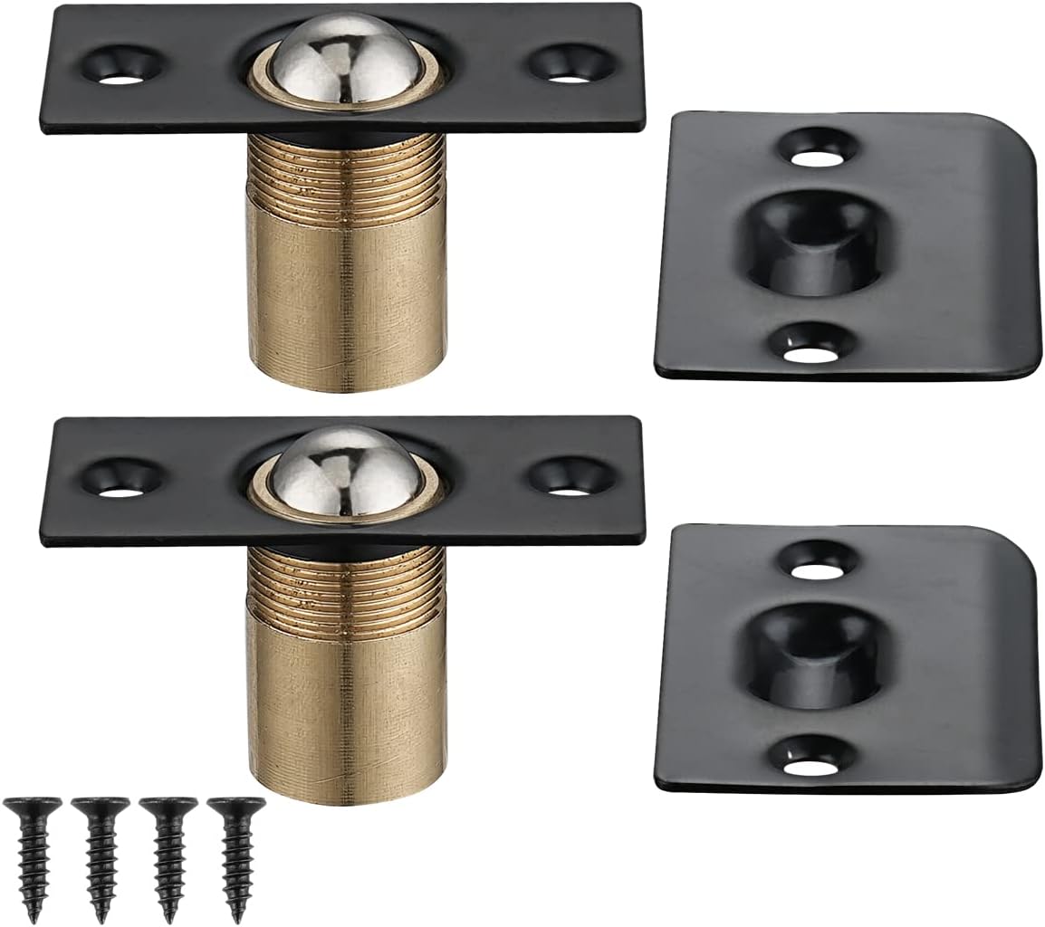 JQK Closet Door Ball Catch Hardware, Stainless Steel Catch Adjustable with Strike Plate, Black Finish 2 Pack, HBC100-BK-P2