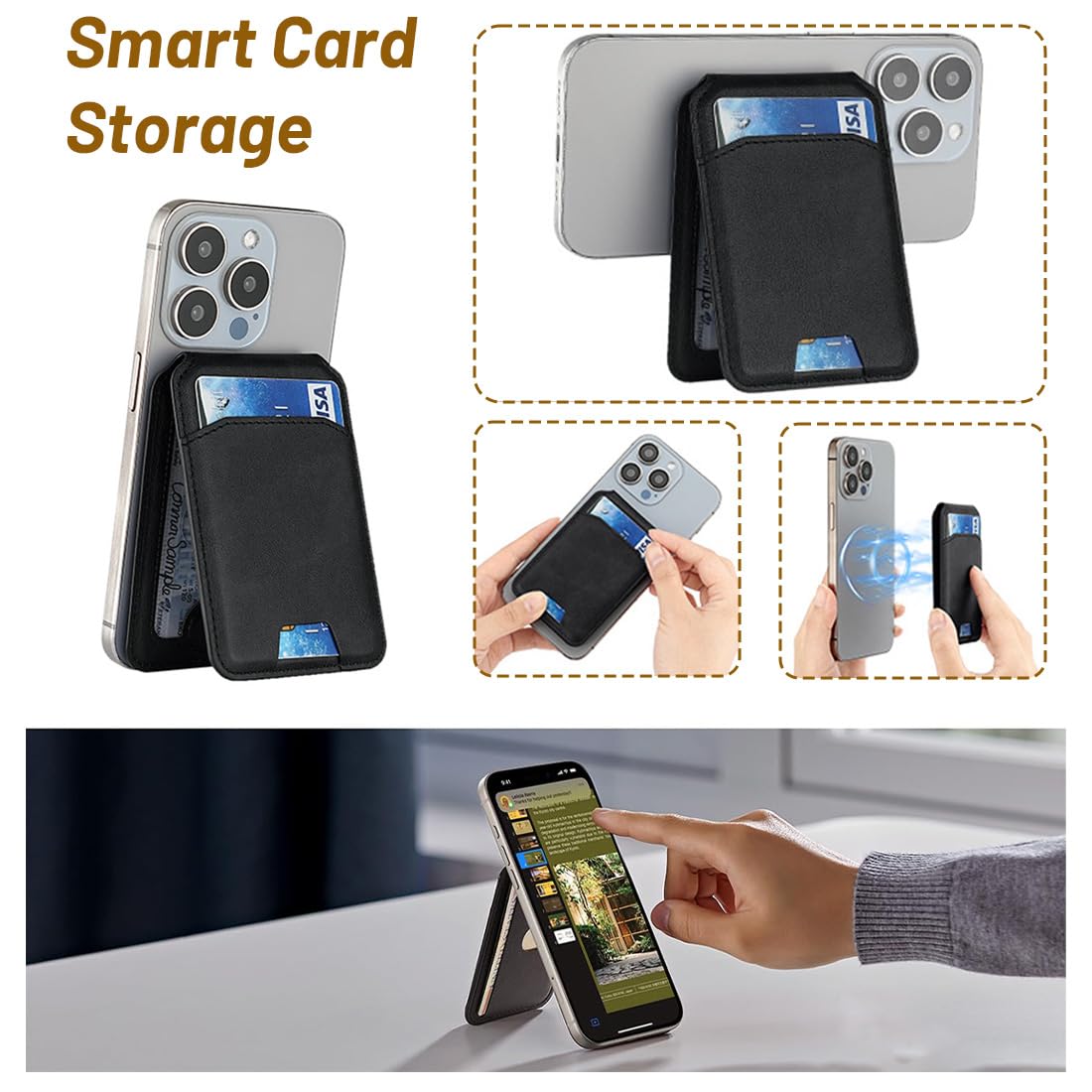 Portafoglio con MagSafe, RFID Blocco, Supporto per 3 Carte, Pelle Vegana, Supporto Regolabile, Wallet per iPhone Serie 17/16/15/14/13/12,Nero
