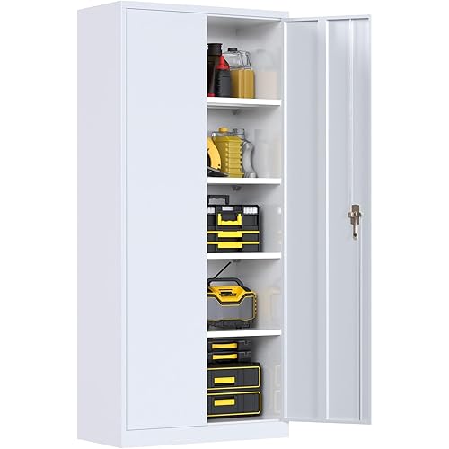 Metal Cabinet,Garage Storage Cabinet with 4 Adjustable Shelves,71”Steel Garage Cabinet,Locking Tool Cabinets for Garage,Home,Office,Gym,School(White)