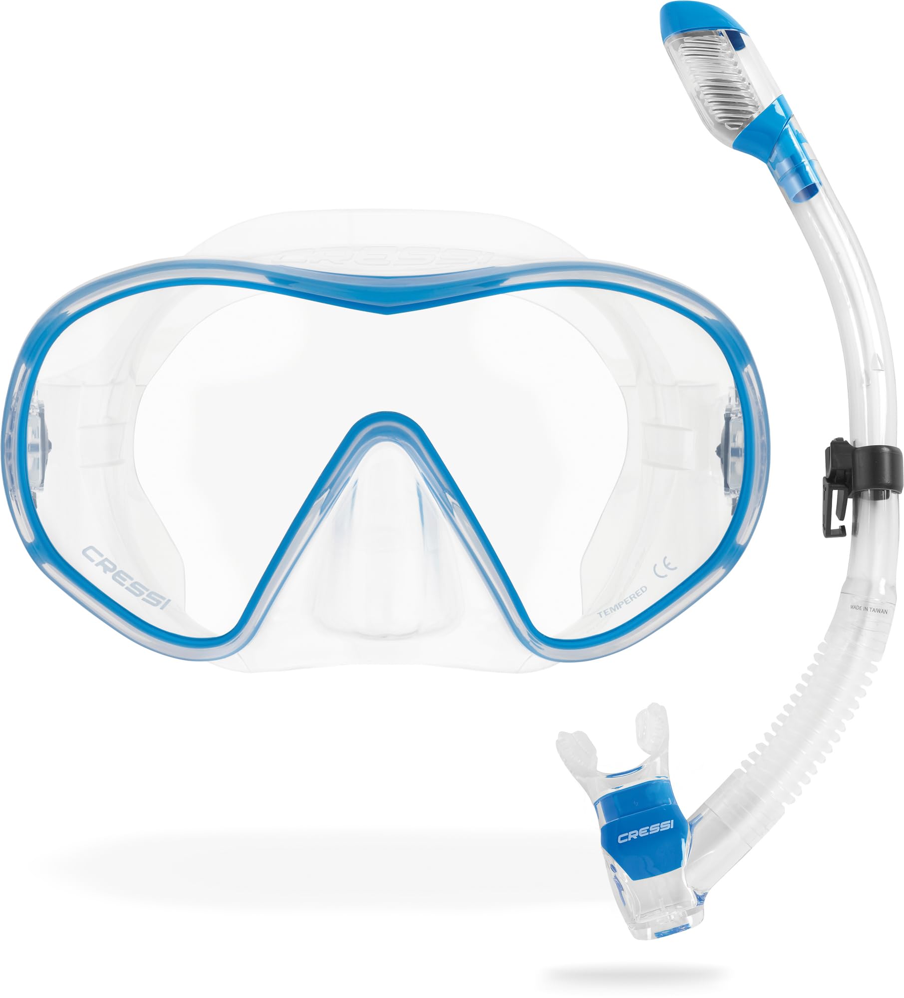 Cressi F-​Dual + Supernova Dry Combo Set Unisex Masque et Tuba Sec pour la Plongée et Le Snorkeling, Transparent/​Bleu, Taille Unique