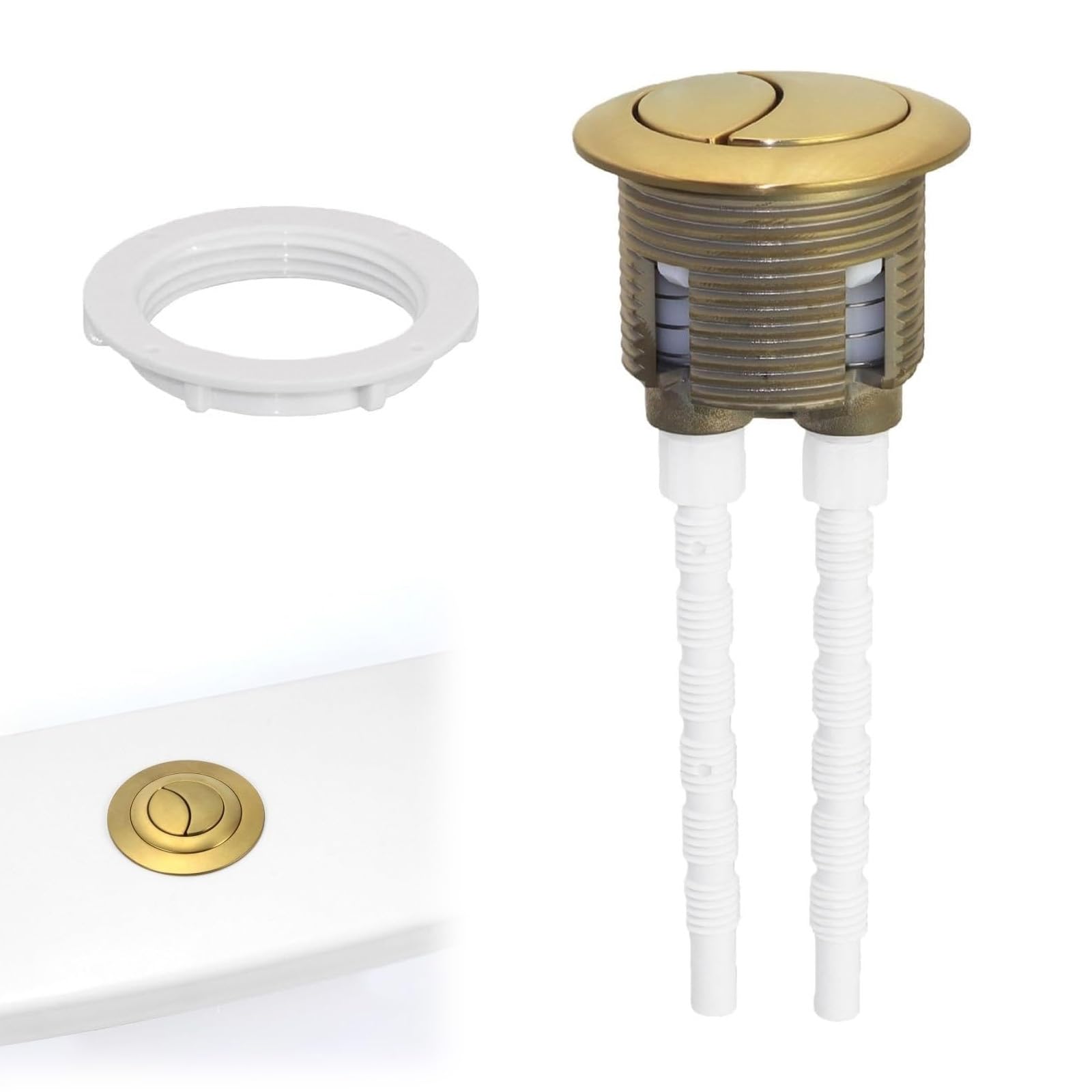 NIYATA Bouton de chasse d'eau universel en laiton brossé, double chasse d'eau pour trou de réservoir de 38 à 42 mm, broche réglable, montage supérieur/avant pour WC à couplage étroit