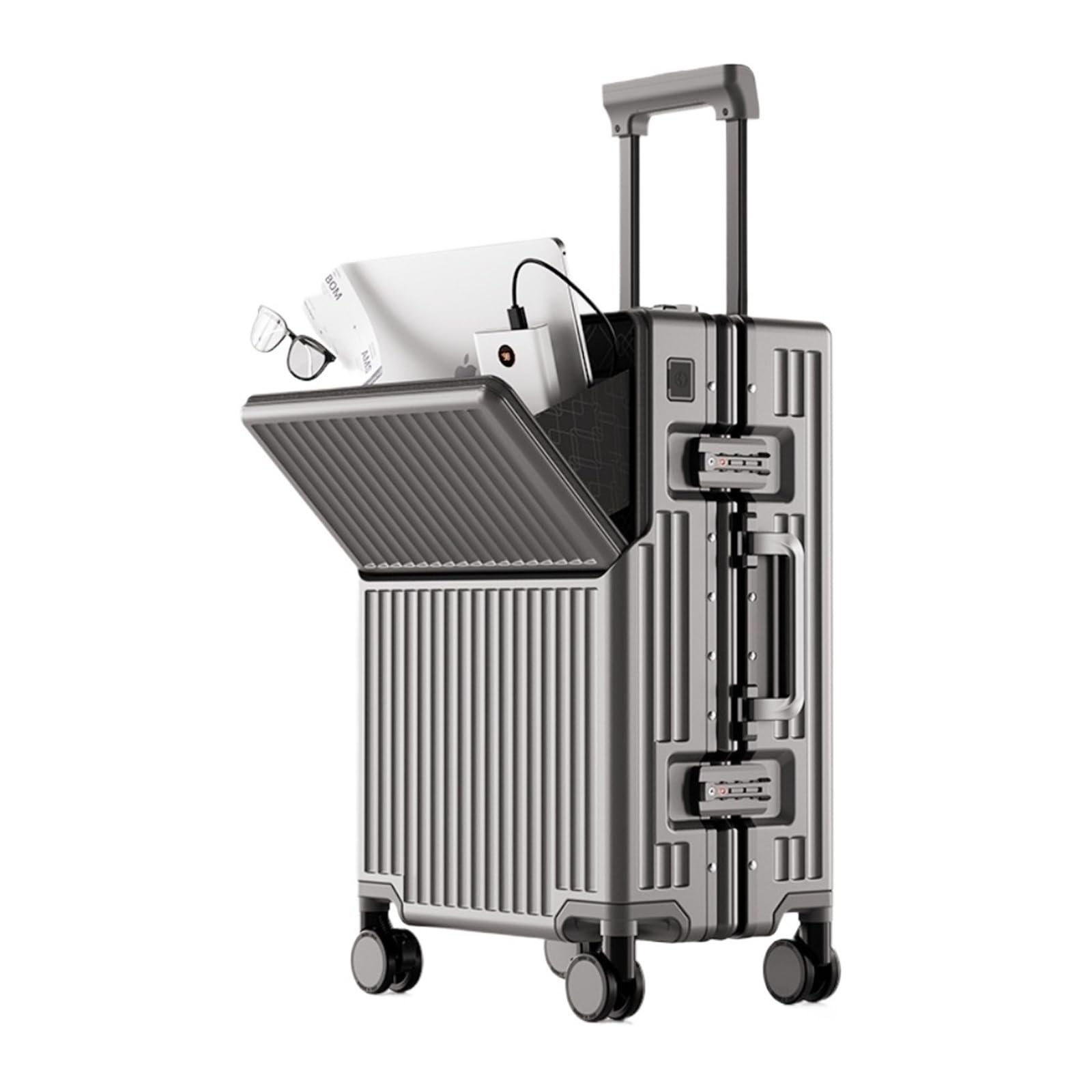 Valigia da viaggio con apertura frontale Materiale PC, M, 20Inches 500mm, Classico | Bagaglio di rotolamento di viaggio di carico del supporto della tazza della struttura di alluminio 50.8/61/28.1/30 pollici