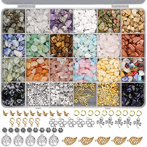Potosala Chips Perlen Edelstein Naturstein sortierte Perlen 20 Farben Perlen Energie Stein mit Blume Spacer Perlen Charm Zubehör für Schmuckherstellung Kit Cover