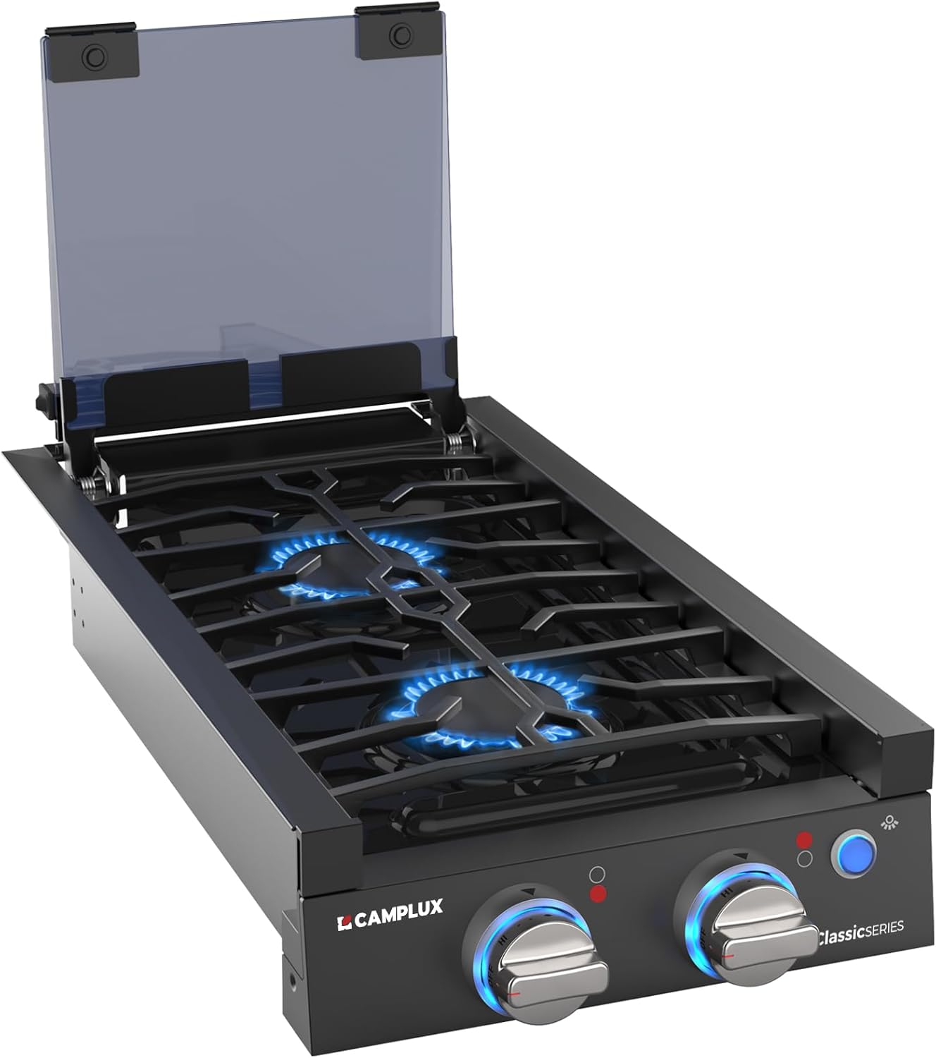 CAMPLUX Classic RV Cooktop 2 Burners Slide-in, Propane Cooktop Stove with Tempered Glass Cover, 12 Inches Propane Rangetop with Blue Indicator Light, 13,000BTU, Black RGH12IB
