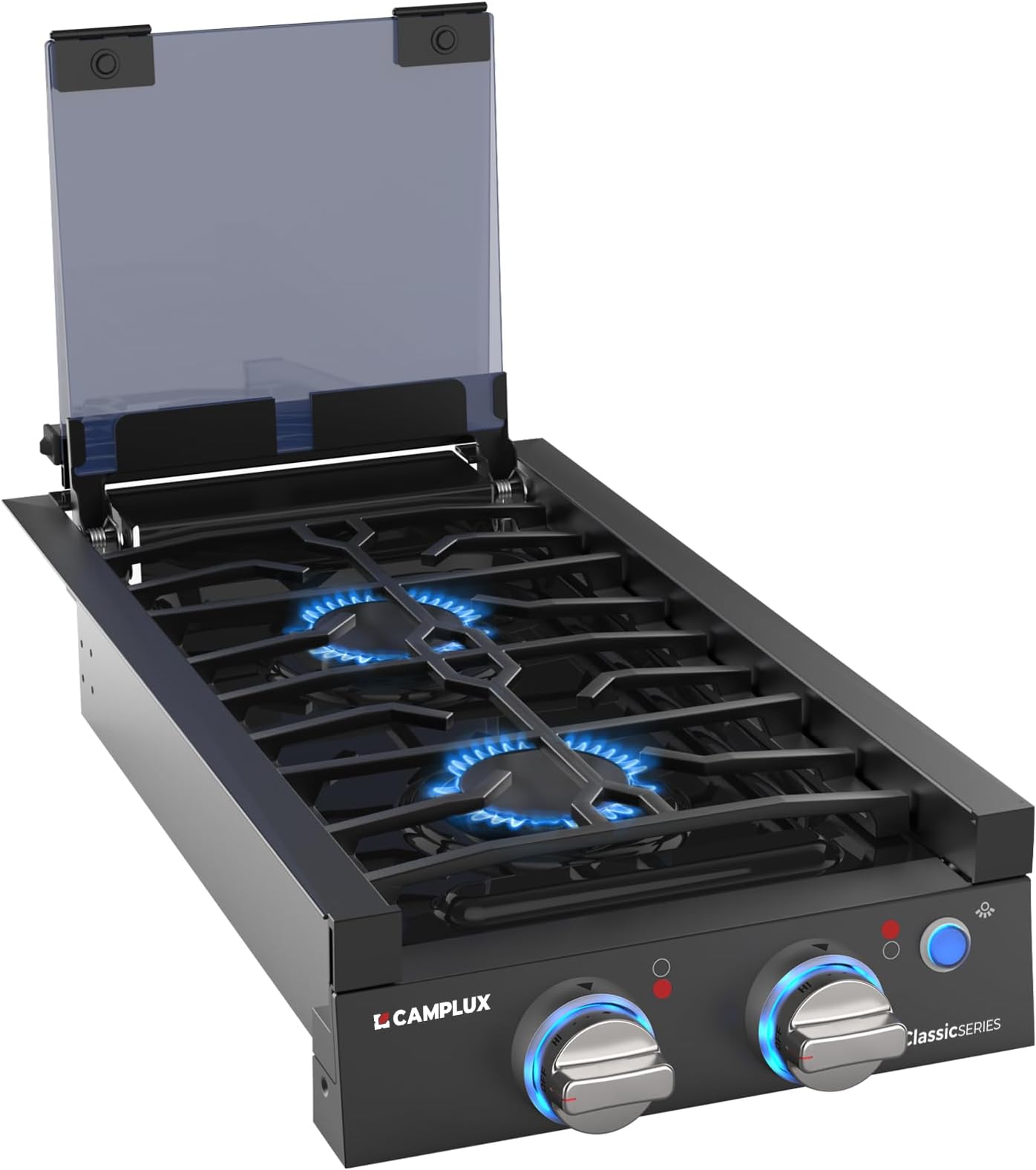 CAMPLUX Classic RV Cooktop 2 Burners Slide-in, Propane Cooktop Stove with Tempered Glass Cover, 12 Inches Propane Rangetop with Blue Indicator Light, 13,000BTU, Black RGH12IB