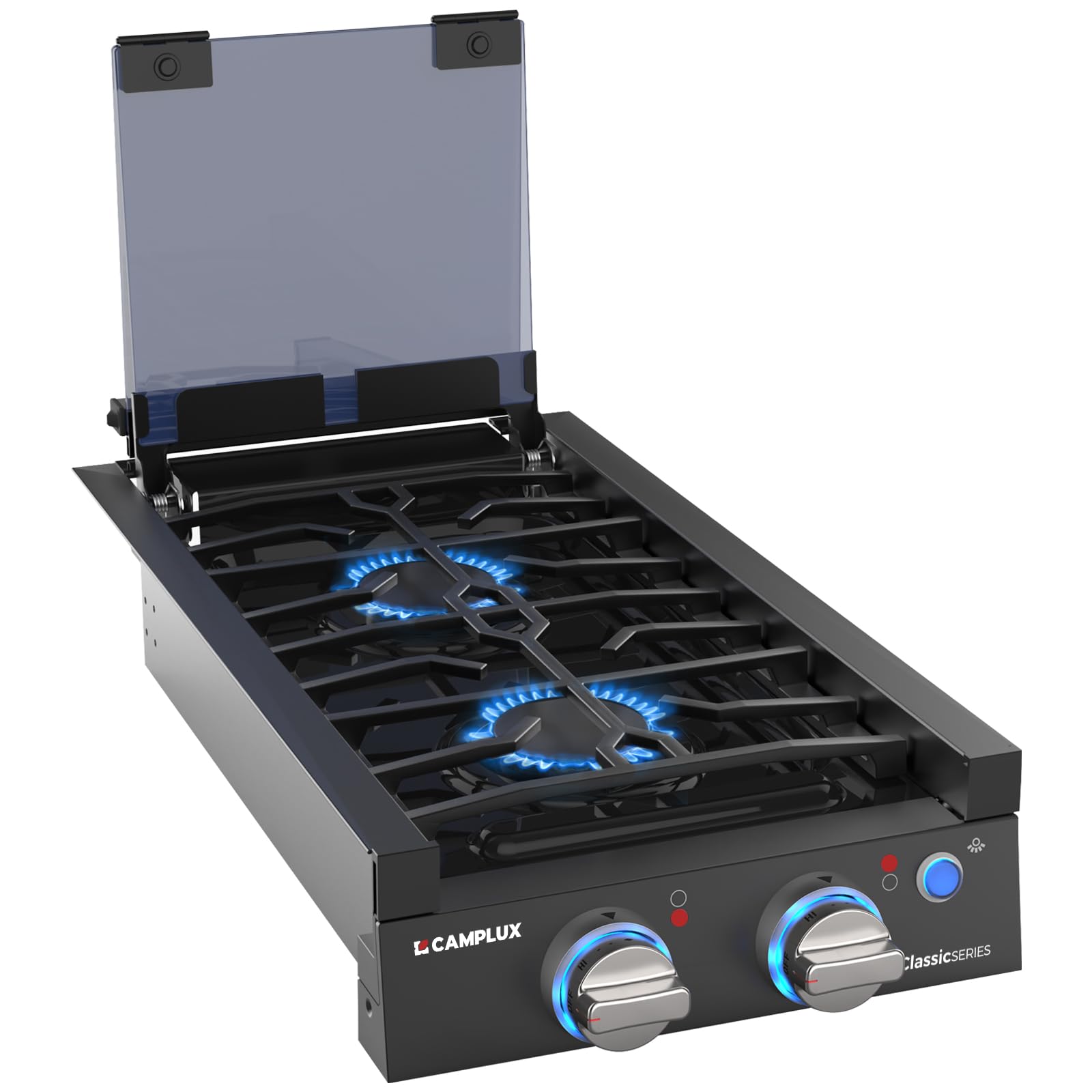 CAMPLUX Classic RV Cooktop 2 Burners Slide-in, Propane Cooktop Stove with Tempered Glass Cover, 12 Inches Propane Rangetop with Blue Indicator Light, 13,000BTU, Black RGH12IB