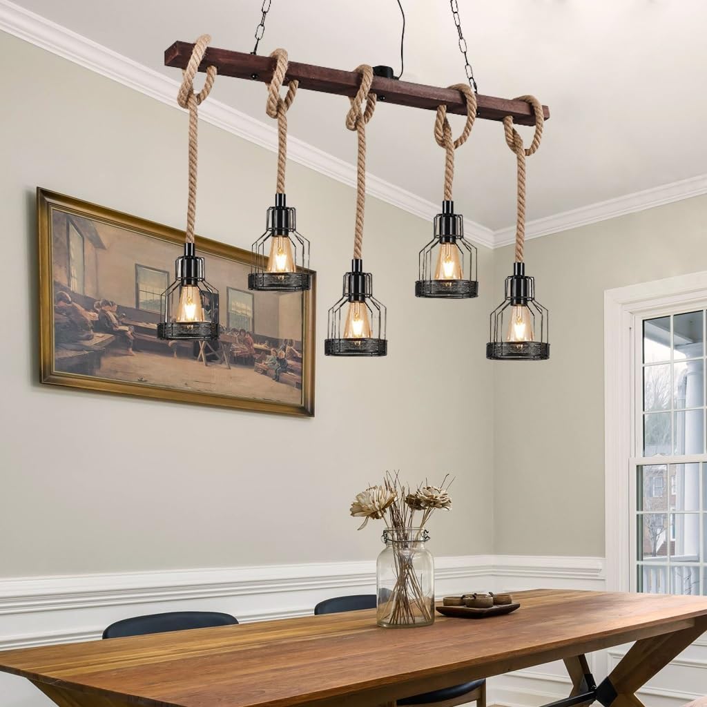 5 Lights Industrial Wooden Vintage Pendant Lamp Metal Chandelier Retro Ceiling Light Farmhouse Hanging LightingHeight Adjustable Fixture Height Adjustable Fixture for Pool Table Kitchen Island Bar