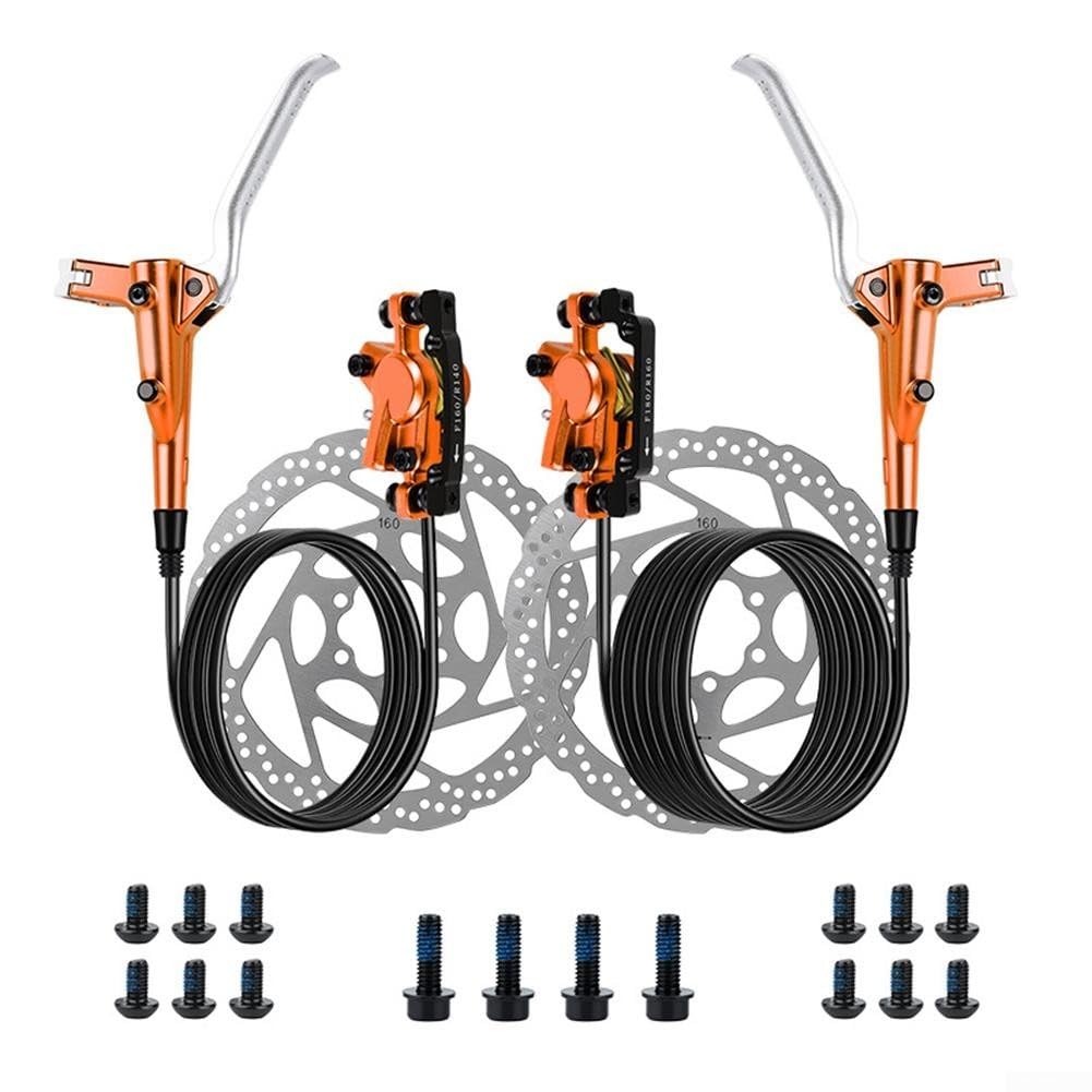 Mountainbike Hydraulisches Scheibenbremsset mit Doppelkolben-Bremssattel vorne 800mm hinten 1400mm Bremsleitung und 160mm Bremsrotoren für MTB (Orange)