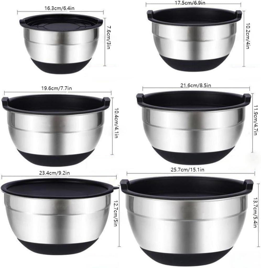 Beler Lot de 6 bols en acier inoxydable avec couvercle et râpe, pour la cuisine, avec fond en silicone, 6 accessoires de broyage