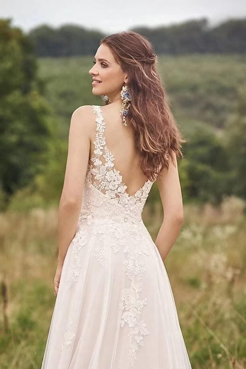 Damen Tüll Brautkleid Elegant Hochzeitskleider mit Spitze Lang Glitzer V-Ausschnitt Trauung Kleid Ärmellos