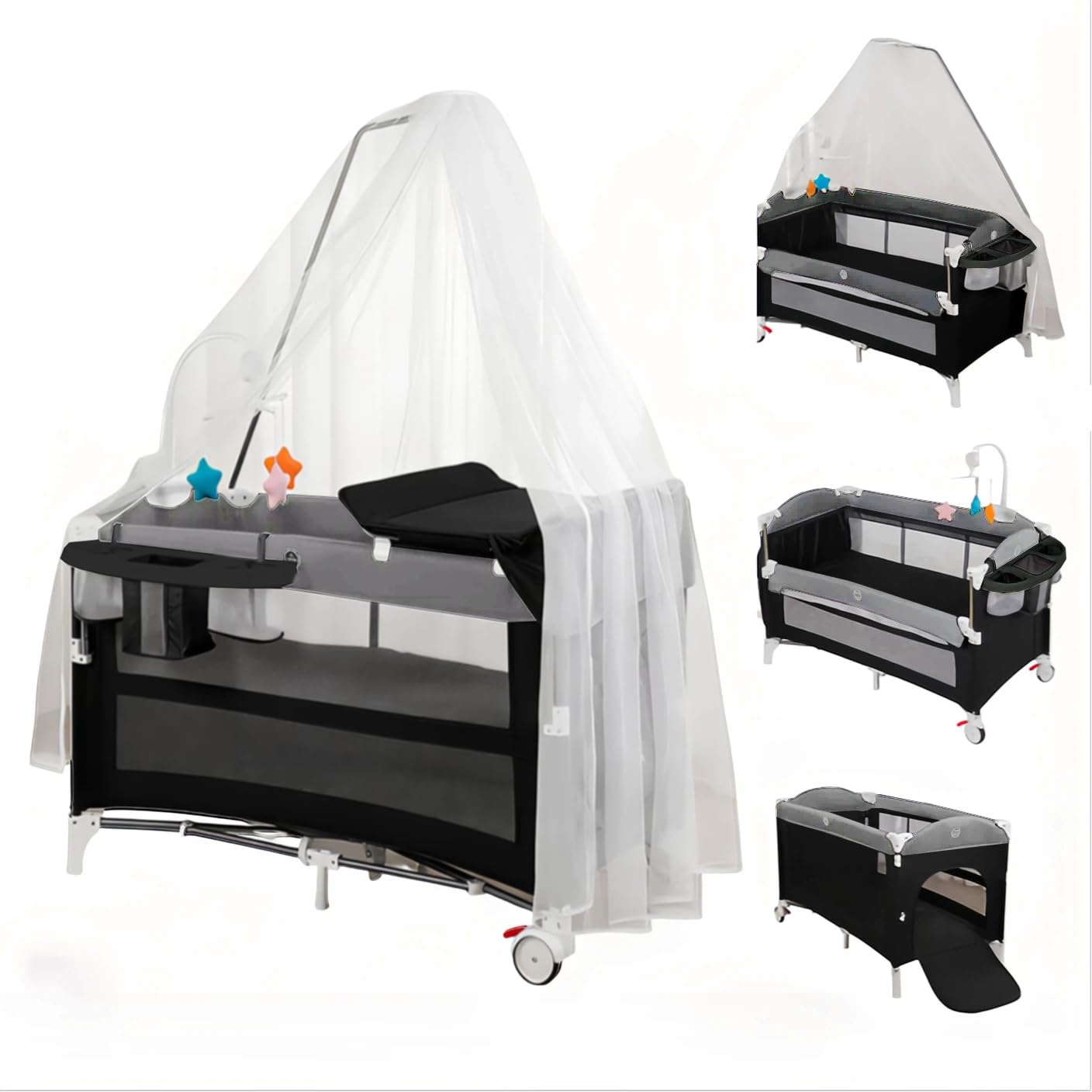 Cuna de viaje bebe con colchon colecho evolutiva plegable portatil | cuna parque，3 alturas ajustables, con ruedas, colchón, mosquitera, cambiador y bolsa de transporte