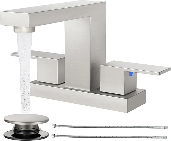 Cobbe Bathroom Faucets for Sink 3 Hole, Brushed Nickel Bathroom Sink Faucet Square 4 Inch Centerset with Pop-Up Drain, 2 Handle and 2 Supply Hoses, Lead-Free Stainless Steel for Vanity, Rv, Farmhouse