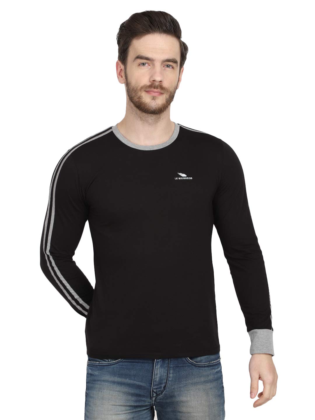 LE BOURGEOIS Men Solid Regular Fit Round Neck Full Sleeve Casual Cotton T-Shirt