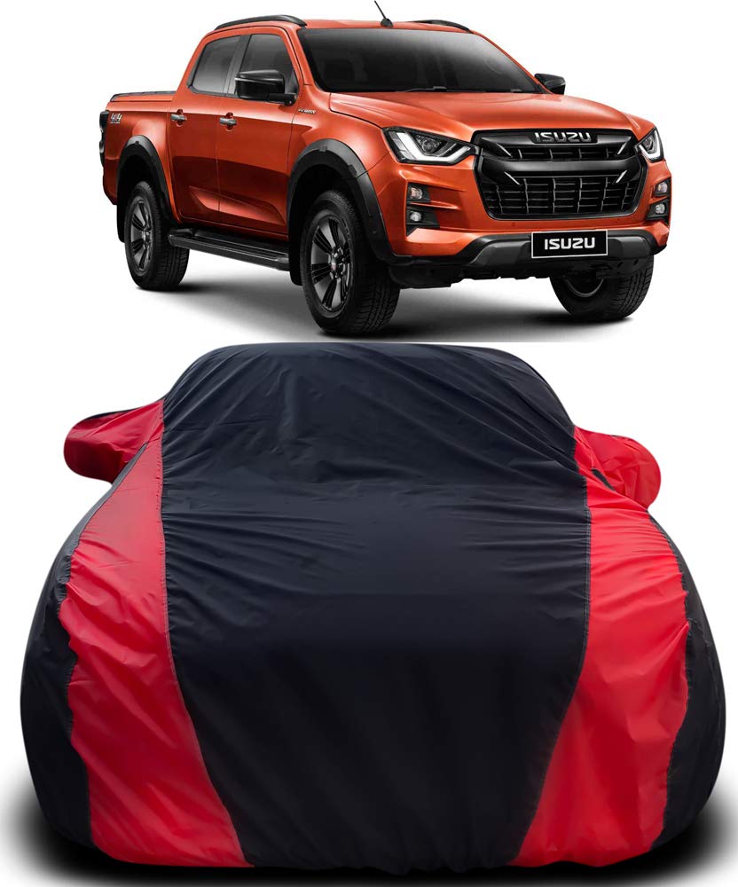 MOTROX Car Cover Compatible with Isuzu DMAX with Mirror Pocket Triple Stitched Bottom Elastic Water Resistant UV Protection & Dustproof Car Cover-Black & Red