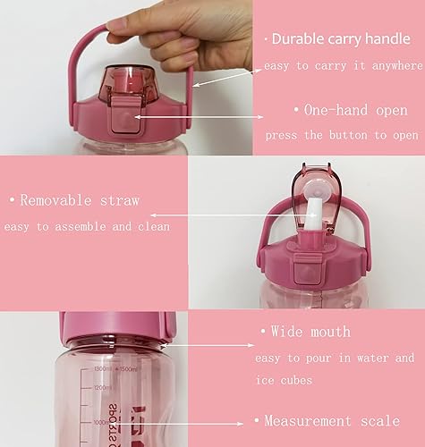 Vista 3 de Botella de agua de 51 onzas con asa y pajilla, jarra de agua motivacional sin BPA de 50.7 fl oz para deportes al aire libre, campamento, senderismo