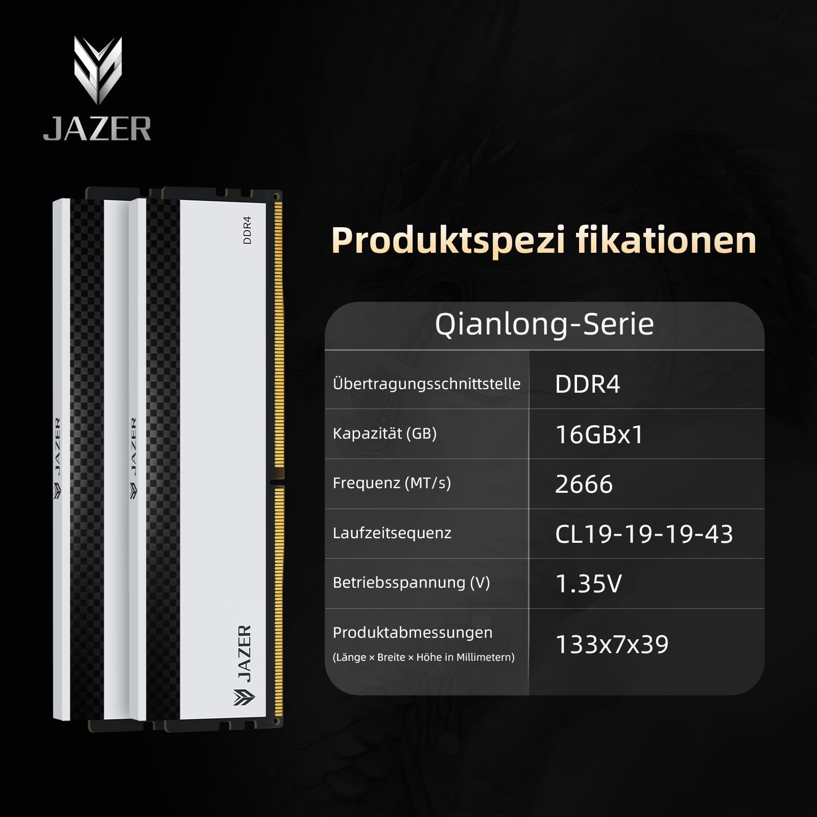 JAZER DDR4 RAM 16GB 2666MHz DIMM PC4-21300 Desktop Memory | 1x16GB, XMP 2.0, CL19, 1.2V, High Performance Arbeitsspeicher