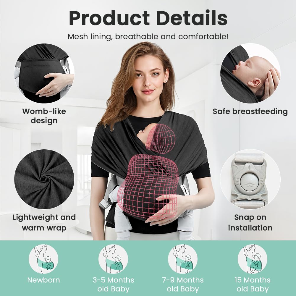 AOOWU Fascia Porta Bebe, Marsupio Neonato Ergonomico, Extra Morbido Fascia per Neonati in Cotone, Neonato Facile da Indossare, Fascia Neonato Adatto Fino a 15kg, Facilmente Regolabile