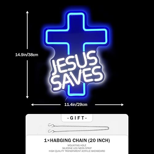 Miniatura 5 de JanHune Letreros de neón de cruz de Jesús salva con luces LED de neón regulables para decoración de pared, luces de neón azules para dormitorio,