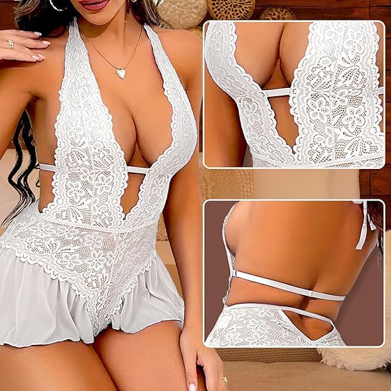 WBDWWTD Nuisette Sexy pour Femme en Dentelle Florale - Body Dos Nu en V Profond - Une pièce Dos Nu - Chemise de Nuit Creuse - Jupe en Maille - Patchwork - Chemise de Nuit pour Femme pour la