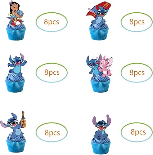 Miniatura 5 de 48 piezas de puntada para cupcakes, suministros para fiestas de cumpleaños, decoración de pasteles para fiestas temáticas de Lilo (puntada)