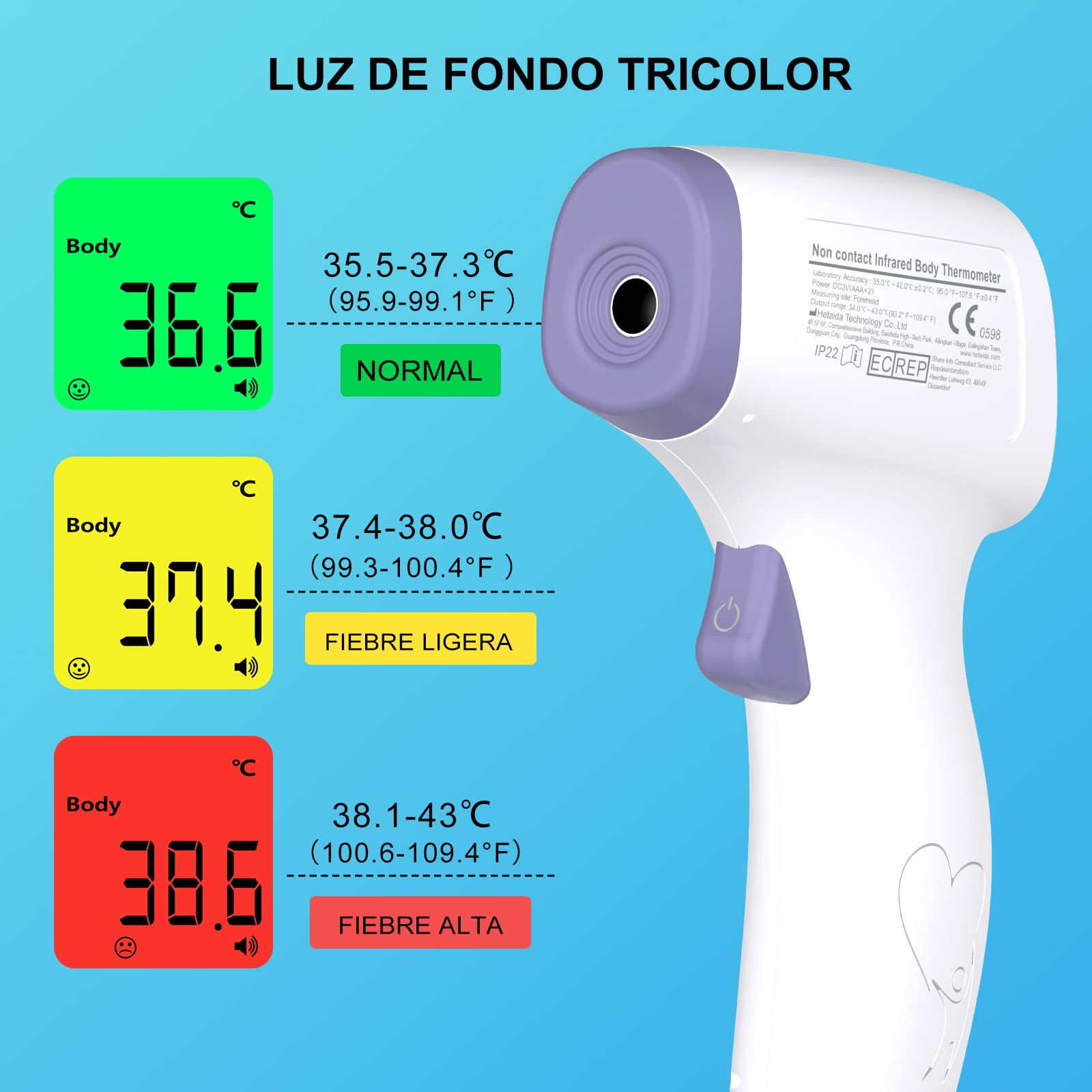Termometro Digital Frente Adultos, Termometro Bebe Infrarrojos Sin Contacto, Termómetro Digital Con Alarma de Fiebre, 50 Lecturas Memoria, Modo Mudo, ℃ y ℉ Conmutable, Morado