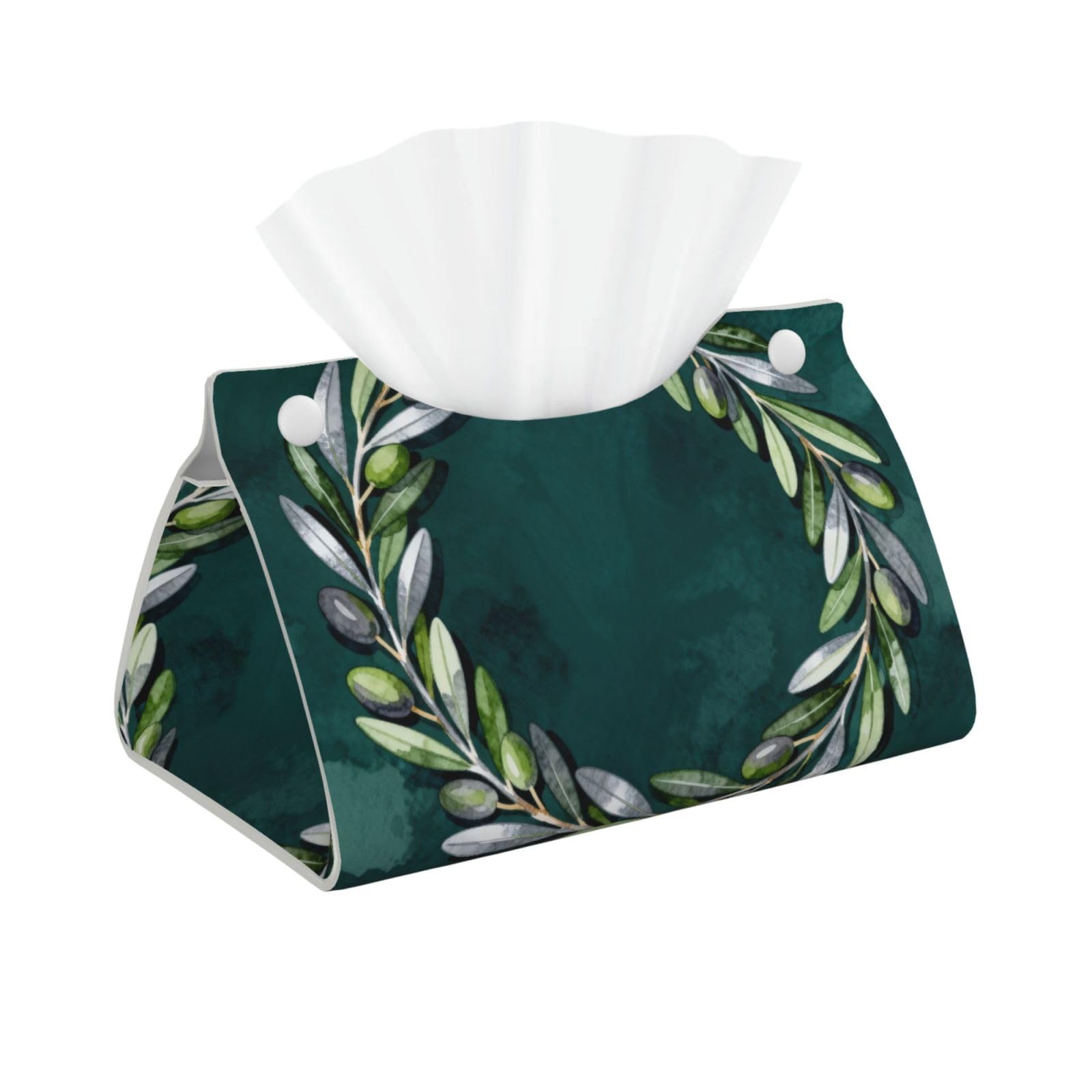Olive Branch Wreath Long Leather Tissue Box Cover-Waterproof PU Leather Tissue Holder for Bathroom, Decorative Rectangular Tissue Case