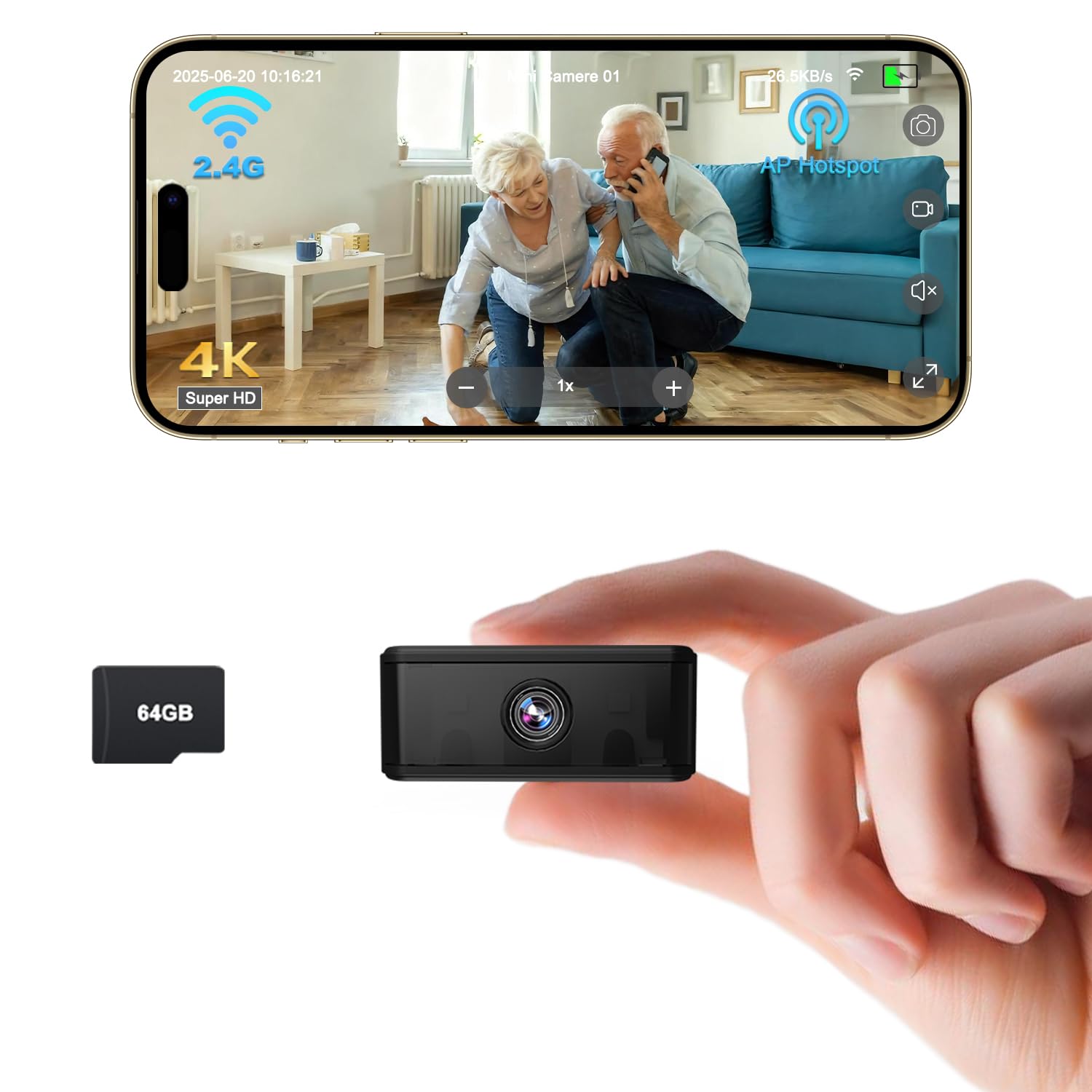 UCOCARE Mini Camara Cigilancia WiFi Interior/Exterior, Funciona con o sin WiFi, Mini Camara Espia, Videovigilancia sin Internet con Tarjeta TF de 64GB, Vision Nocturna, Soporte Magnéti