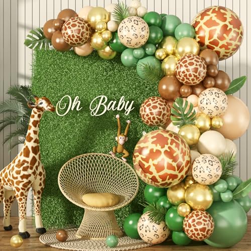 Image of Jungle Safari Balloon Arch Garland Kit, Olive Sage Green Brown Beige with Animal Print Wild One Ballons, Giraffe Leopard Balloon for 1st Birthday Baby Shower Woodland Jungle Safari Party Decorations