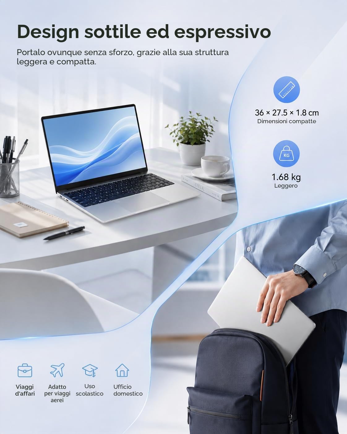 PC Portatile 15.6" FHD, 8GB RAM 256GB SSD Celeron N5100 (Rivals Core i3-1005G1, 4 Core fino a 2.8GHz), Impronta, Tastiera retroilluminata, Webcam, USB 3.0*2, Wi-Fi 5, Win 11 Pro Computer per Studenti