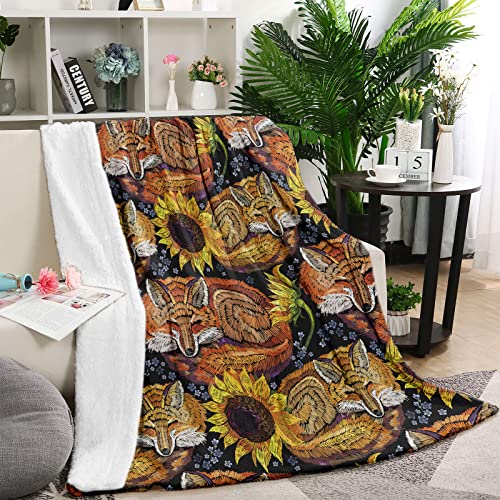 Lingqiang Fox Sunflower Throw Blanket for Women Soft Embroidery Floral Plush Flannel Kids Teen
