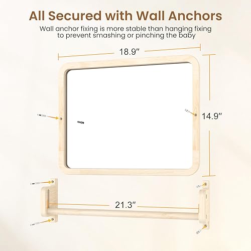 Miniatura 5 de Woodtoe Espejo Montessori con barra, juguetes de tracción para bebé, marco de madera natural y barra de dominadas para bebés, espejo pequeño