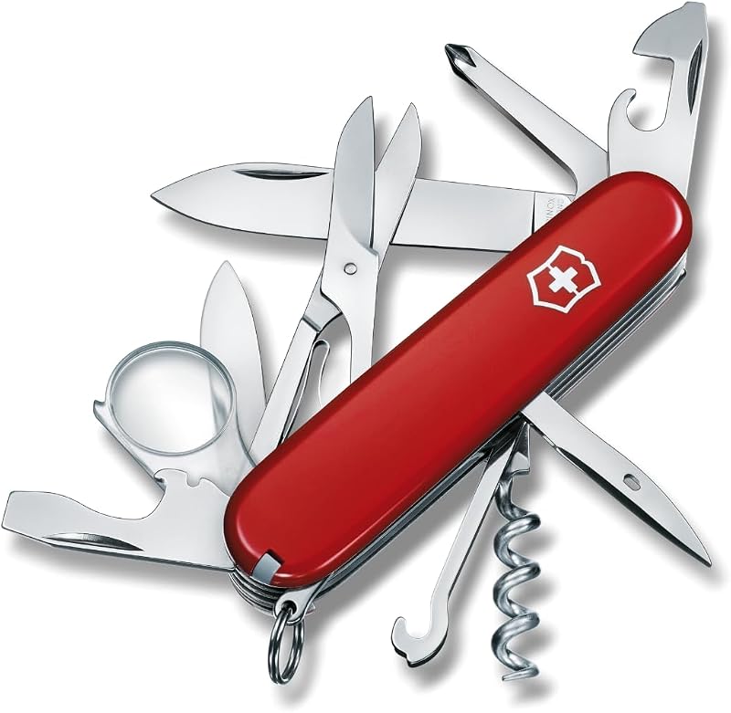 Navaja suiza Explorer - Herramienta de bolsillo con 16 funciones - Roja | Multiherramienta de fabricación suiza con lupa, destornillador Phillips, tijeras, 2 hojas y abrelatas, tamaño compacto de 91 mm