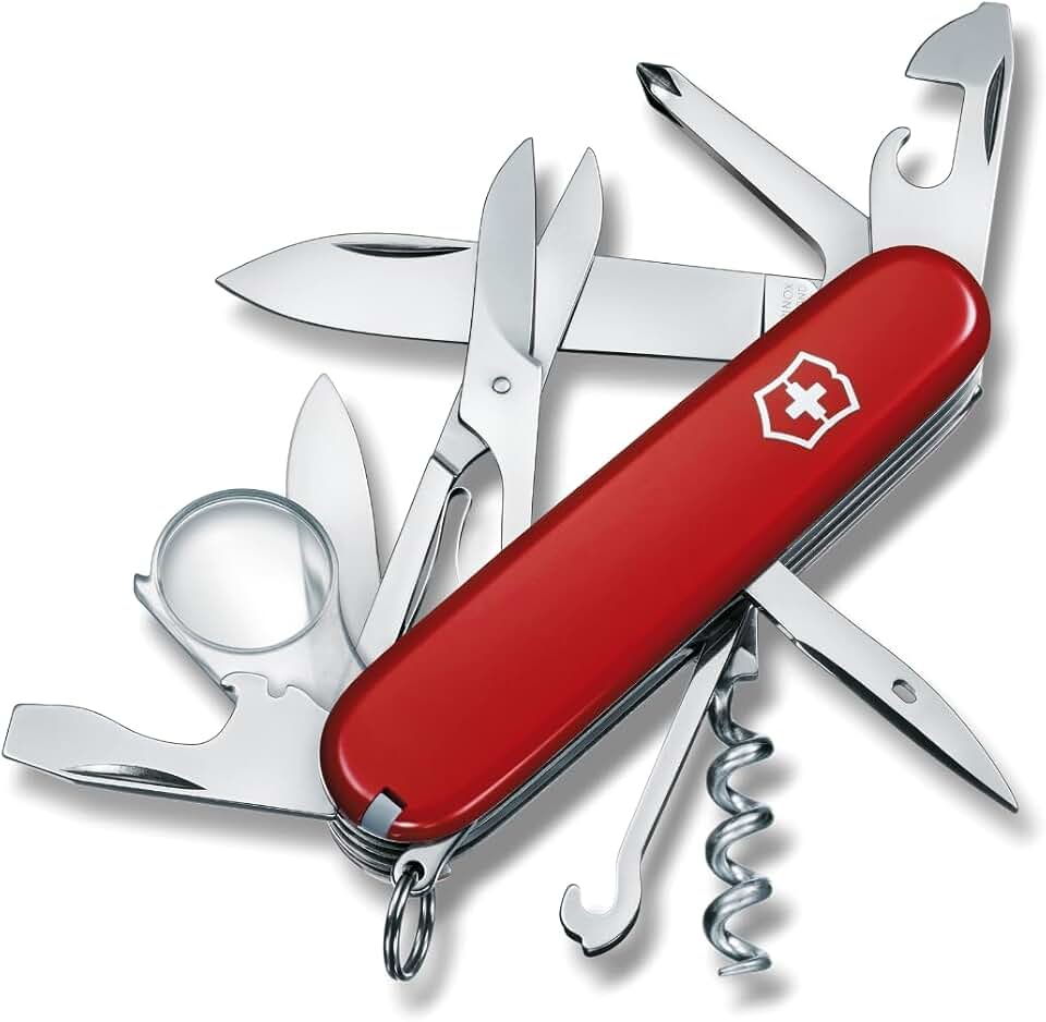 Canivete Victorinox Explorer, Vermelho, 16 funções | Multiferramenta suíça com lupa, chave de fenda Phillips, tesoura, 2 lâminas e abridor de latas - Tamanho compacto de 91 mm
