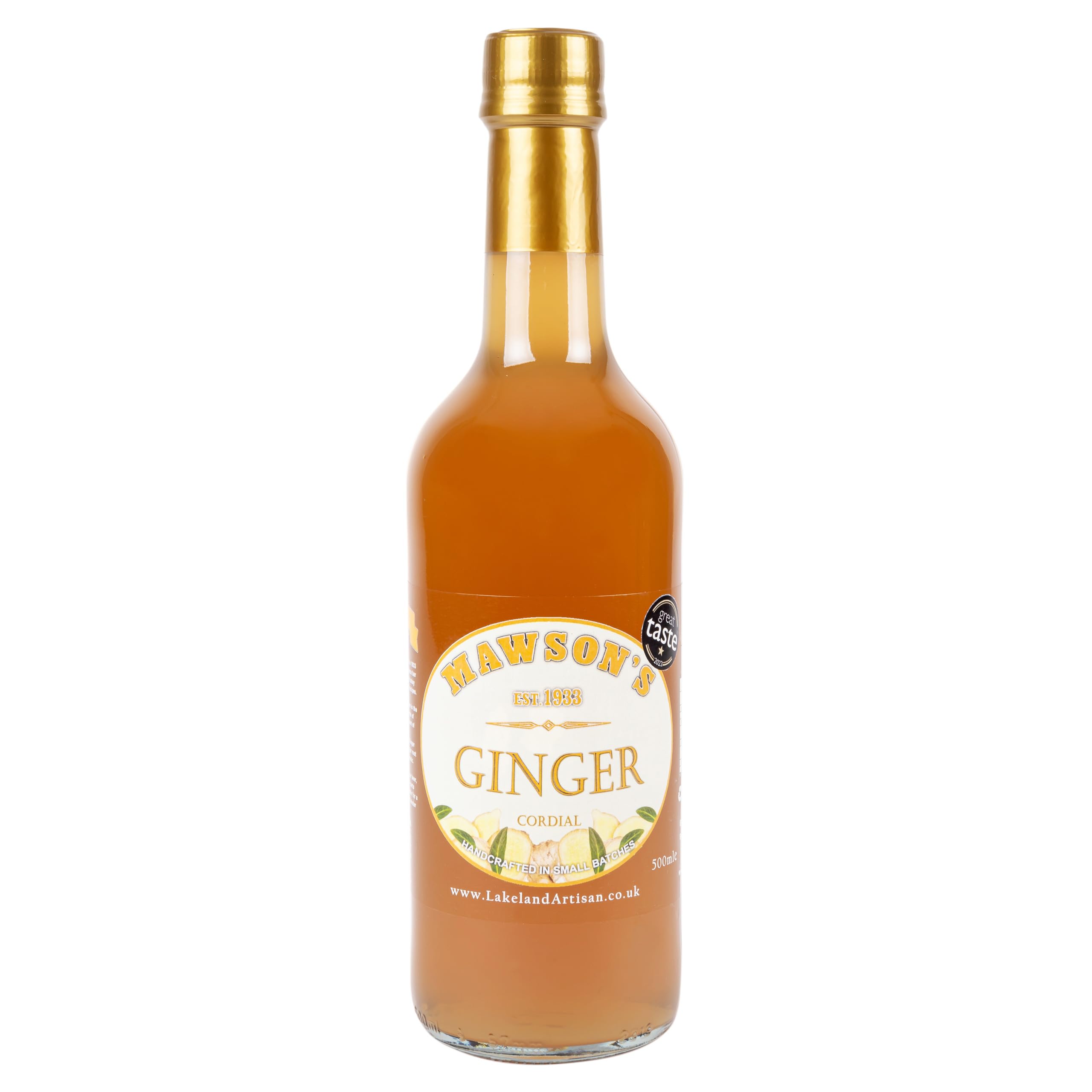 Mawson'sGinger Cordial, Real Root Ginger & Gentle Aftertaste, Handcrafted in Small Batches, No Artificial Sweeteners or Colours, Gluten Free, Vegan 6 x 500ml Glass Bottles