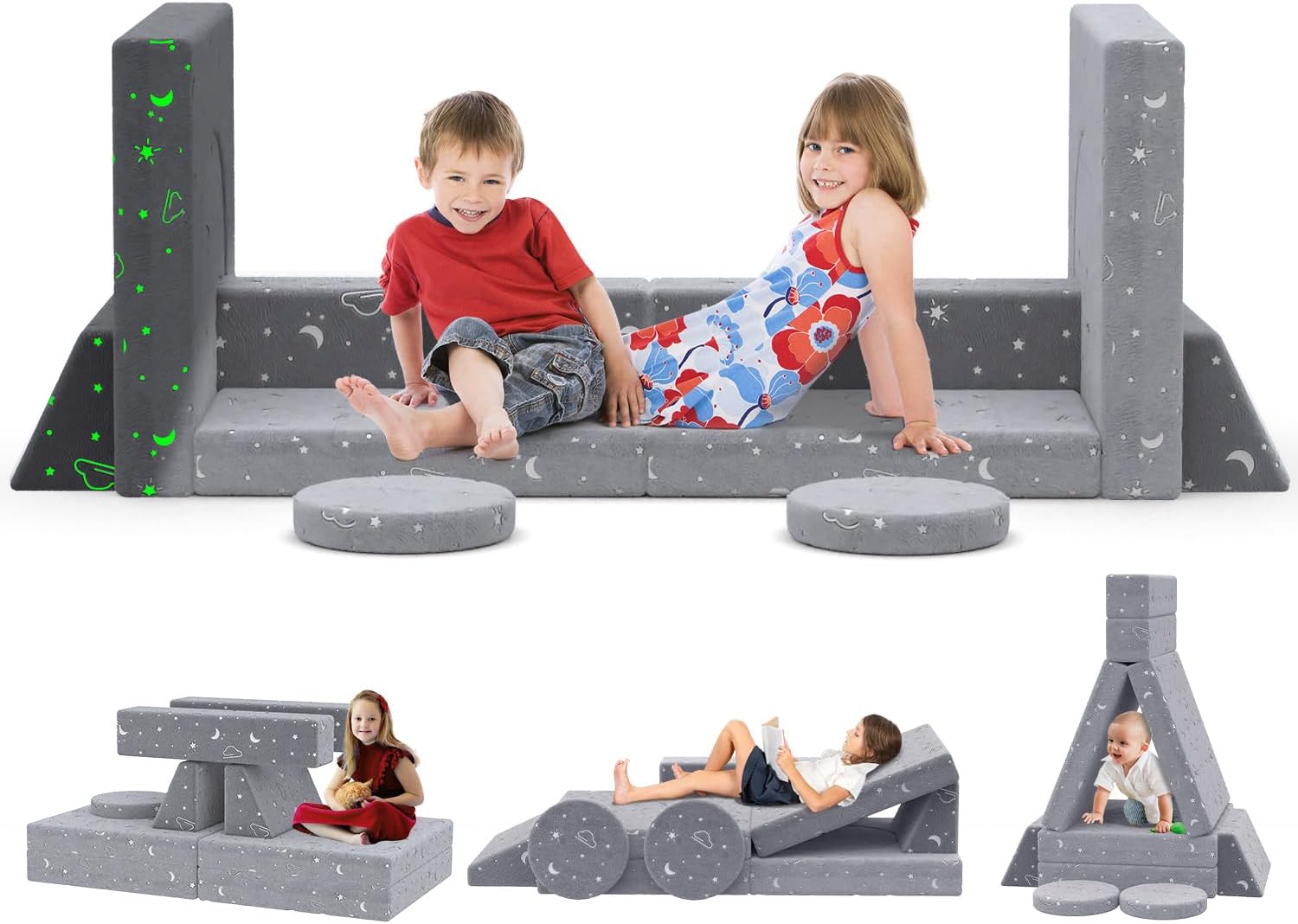 BIERUM Kids Couch, 12PCS Modular Kids Play Couch with Blanket, Kids Sofa for Playroom & Indoor, Convertible Toddler Couch for Girls and Boys