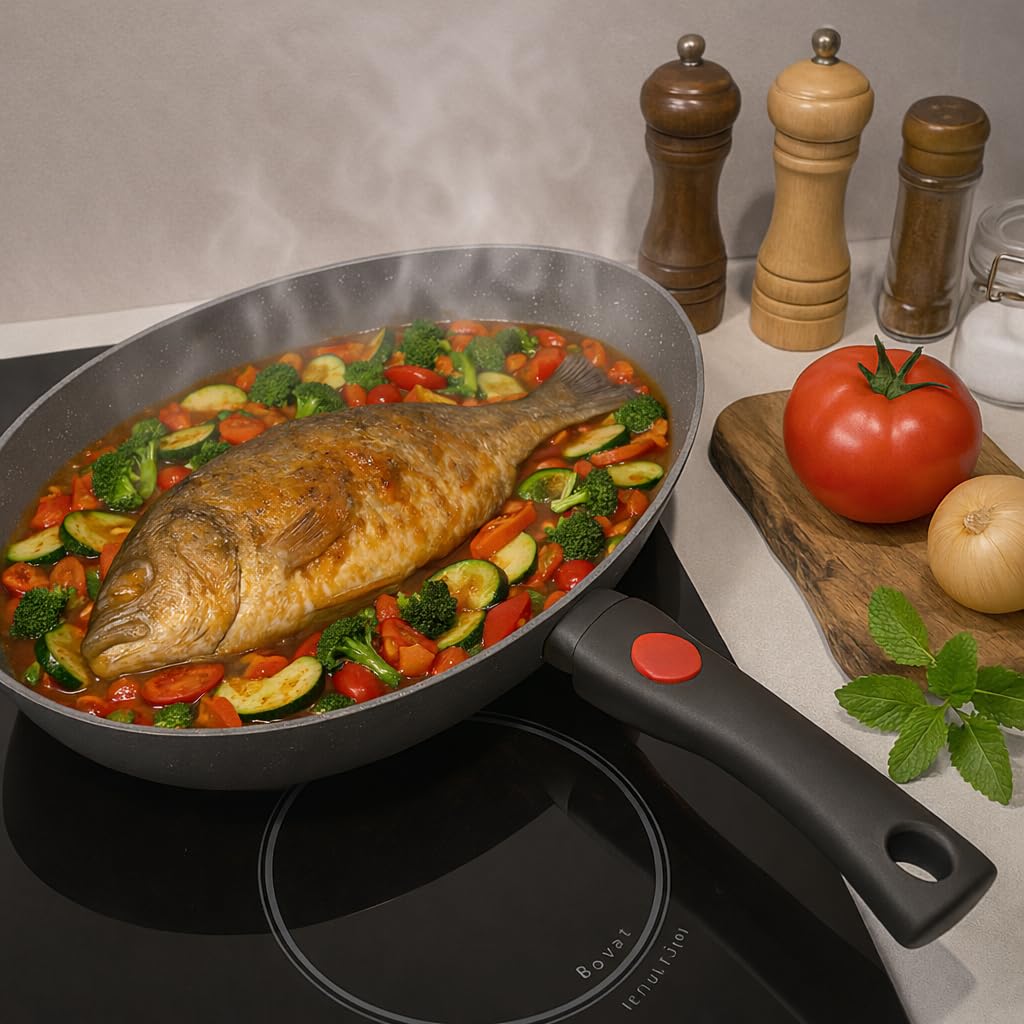 Poêle à Poisson Ovale - Roc-Tec®. *38 cm* Vraies particules de Pierre. Antiadhésif - Tous Feux dont Induction + Four. Avec Manche Amovible