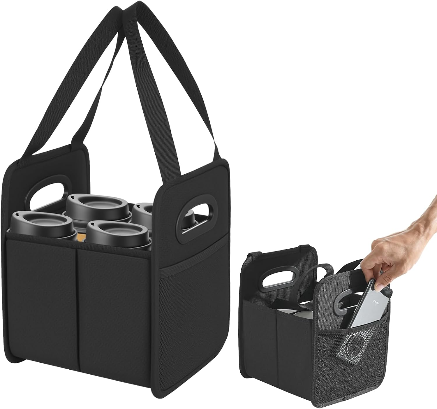 Foyego Reusable Drink Carrier Tote Bag with Handle, 4 Cups | Adjustable Dividers, Family Size, 4 Compartment Water Bottle Carrier Bag, Multiple Tumbler Caddy for Car, Travel and Delivery