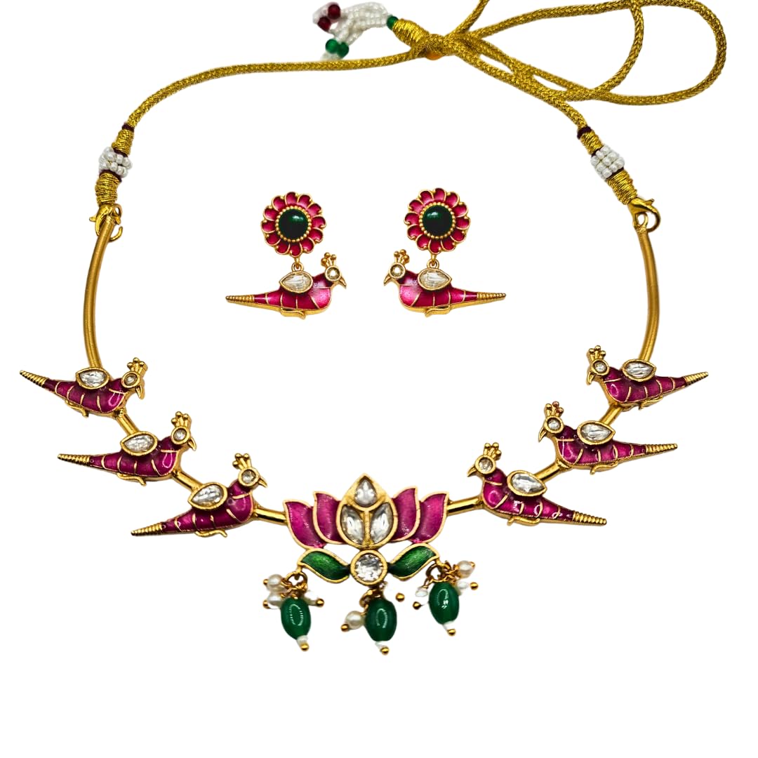 VIANA JEWELS Traditional Indian Jadau Meenakari Lotus Hasli Choker Set, Gold Tone with Ruby, Emerald, Pearl Accents For Women and Girls (B0DHCJH63D) Amazon Price History, Amazon Price Tracker