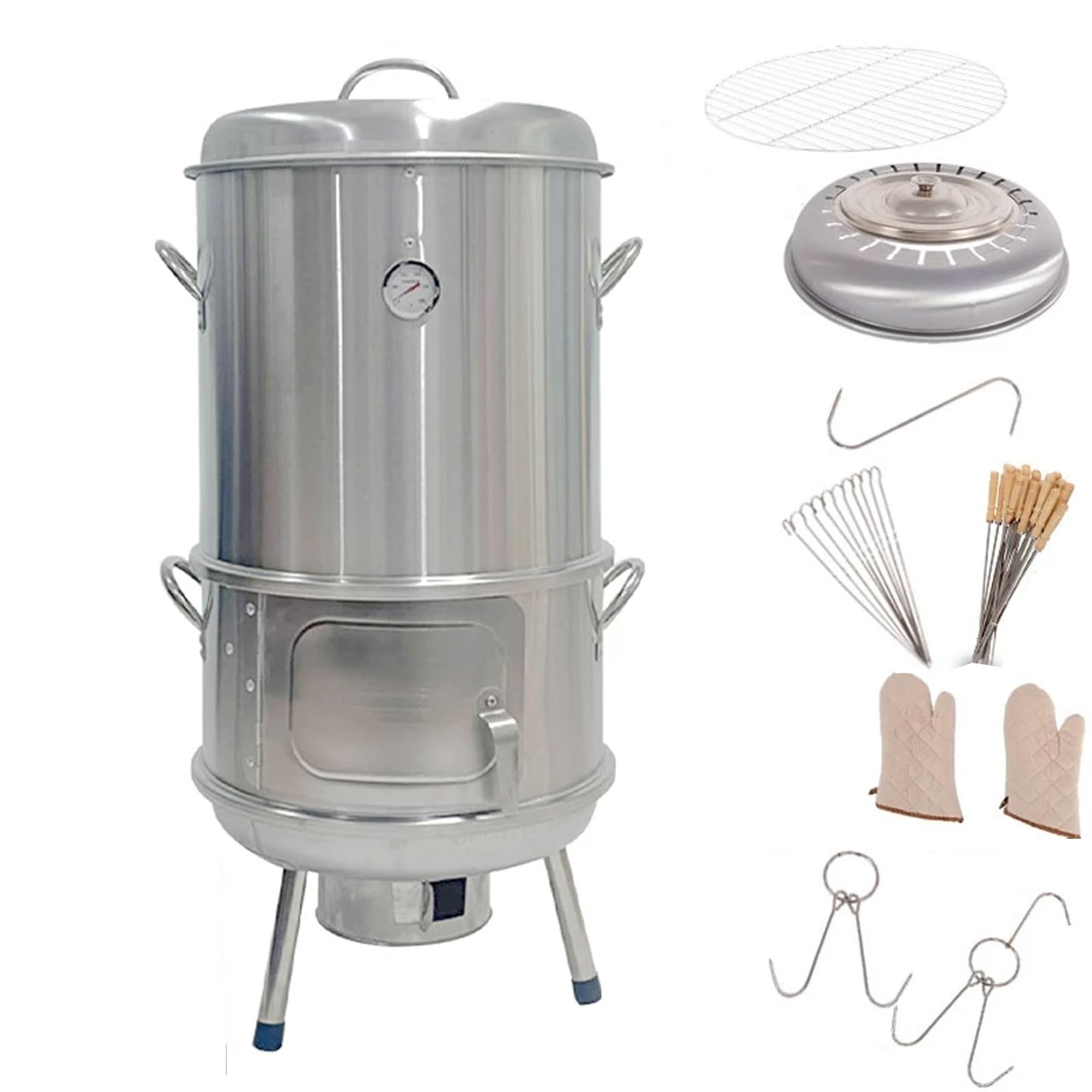 Wędzarnia Wielofunkcyjna z Termometrem Grill ze Stali Nierdzewnej 430 z Różnymi Akcesoriami Równomierne Nagrzewanie 360° do Pieczenia Kaczki, Kurczaka, Indyka i Wieprzowiny