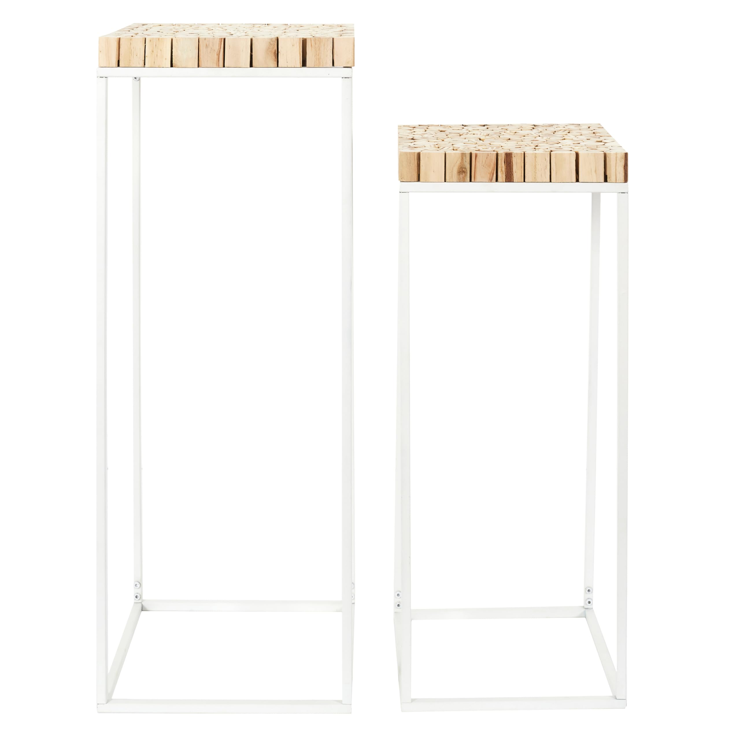 HOME DECO FACTORY Lot de 2 Sellettes Gigognes Bois et Métal Marron | Bois de pin et métal, lot de 2 sellettes gigognes, design contemporain, salon ou entrée, gain de place, 34x34x90 cm, marron