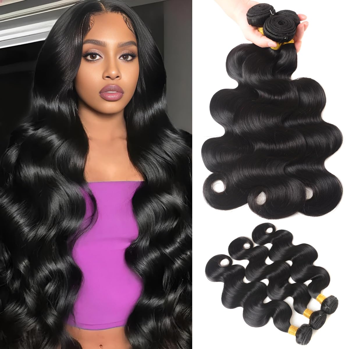 12A Human Hair Bundles 18 20 22 Inch Body Wave Bundles Human Hair 100% Unprocessed Brazilian Virgin Hair 3 Bundles Deals Human Hair Quick Weave Bundles Real Human Hair Extensions Natural Black