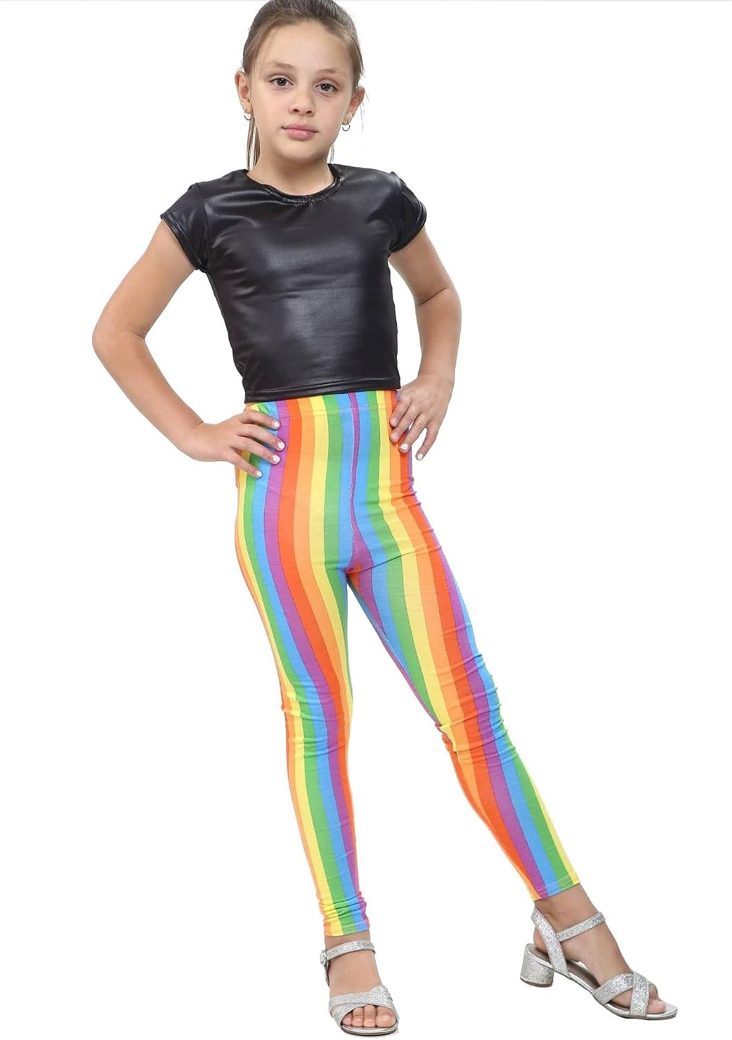 Girls Rainbow Crop Top Leggings Shorts Set Childrens Shirt Summer Party 5-13 Years