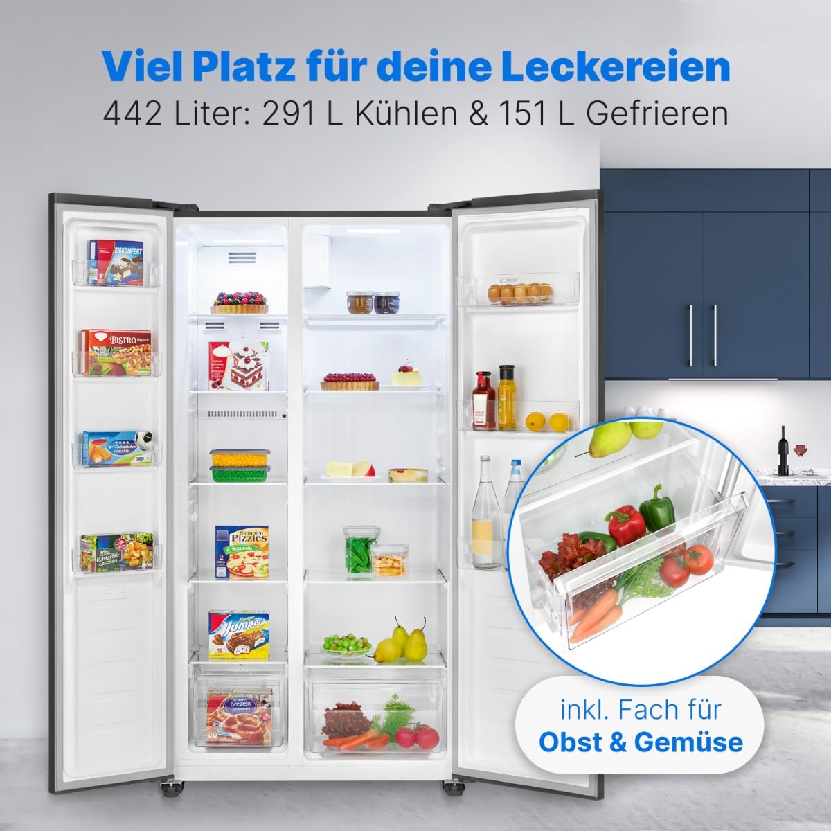 Bomann® SBS 7344 SBS 7344 Side by Side Cooling Freezer Combination No Frost 442 L Capacity Fridge with MultiAirflow Technology Consumption 287 kWh per Year