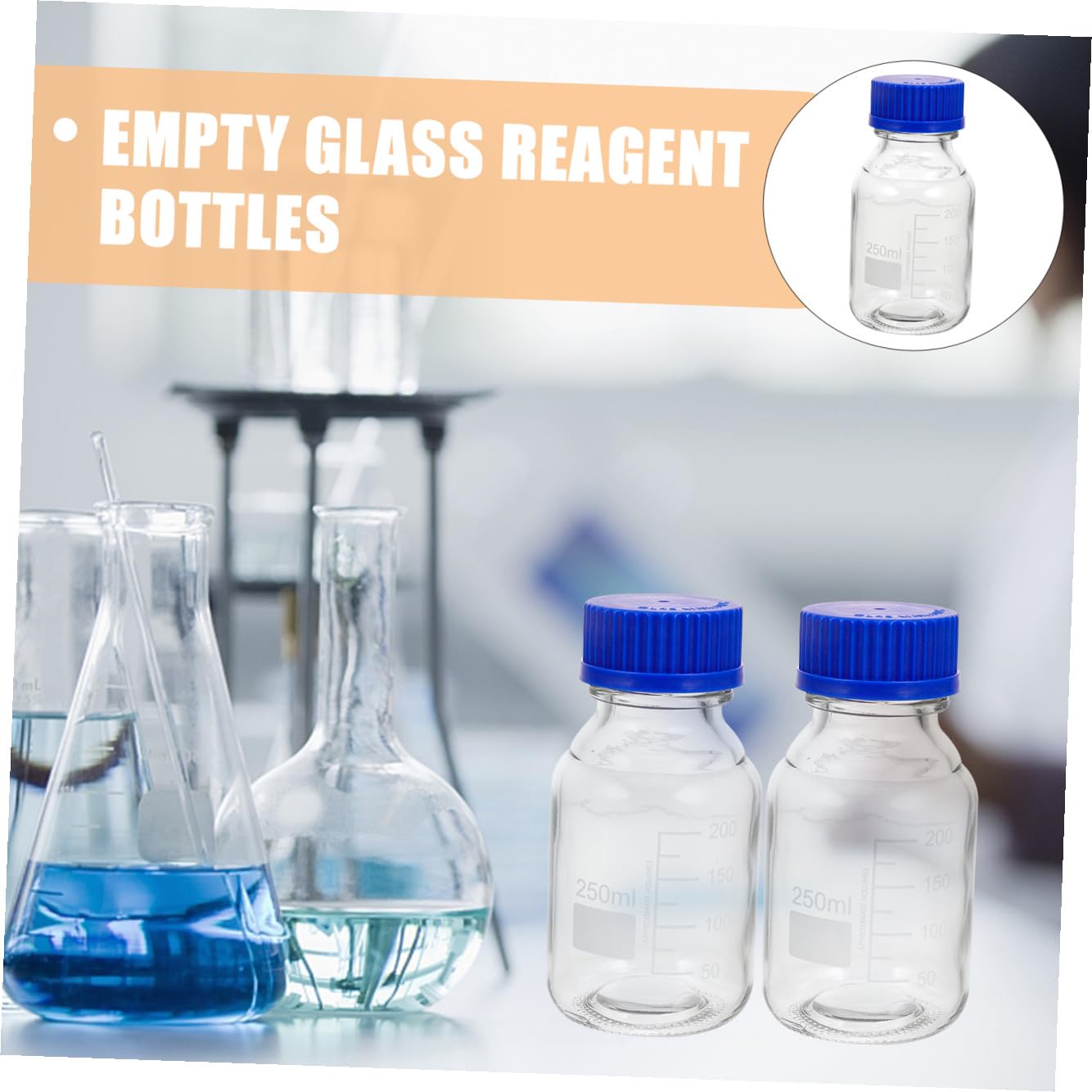 Bottiglie Reagente in Vetro 250ml con Tappo a Vite Blu, Resistenti Agli Urti, Multiuso, Confezione da 4 Pezzi per Laboratorio e Industria Chimica